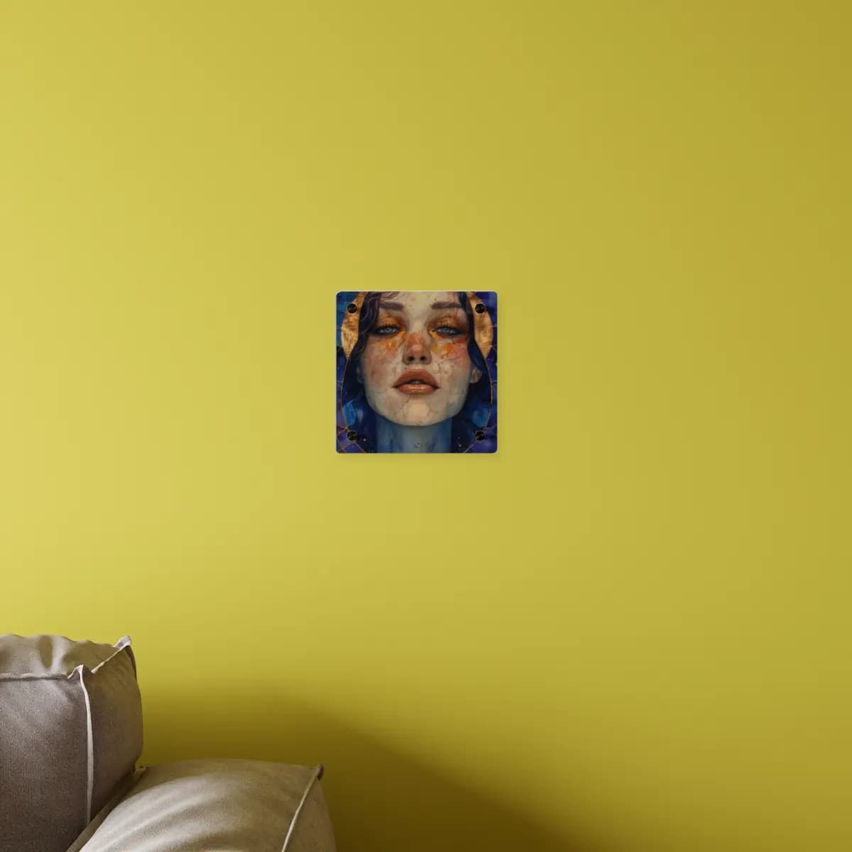 Celestial Blue Gaze Watercolor Portrait - Acrylic Wall Art Panels mockup angle 4