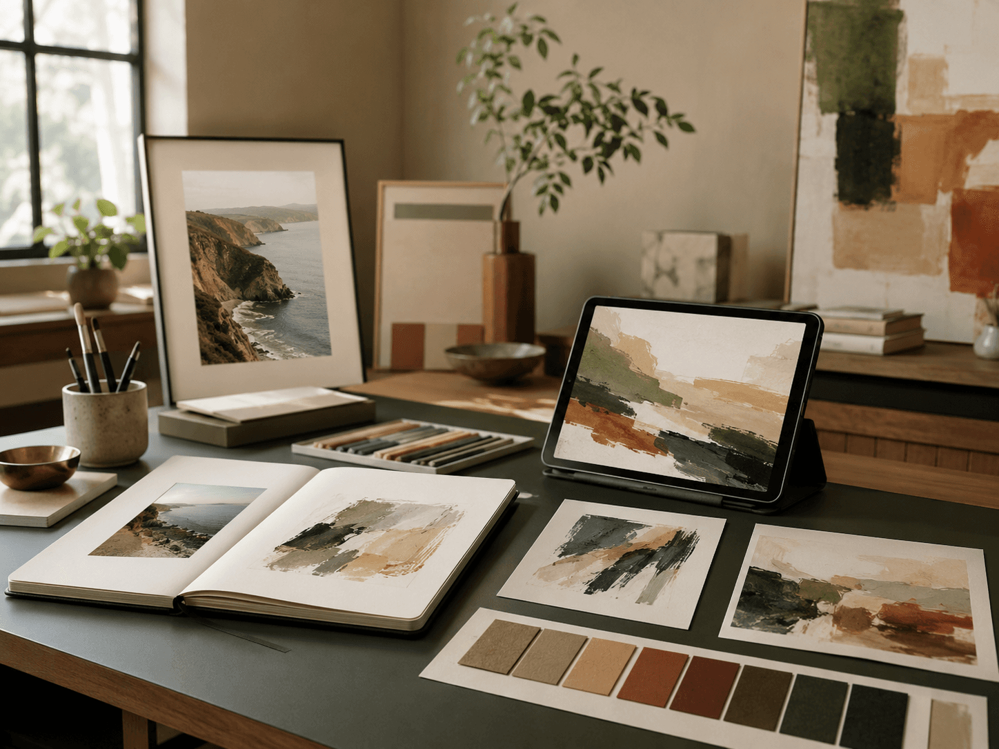 Creative workspace with artwork studies and color references