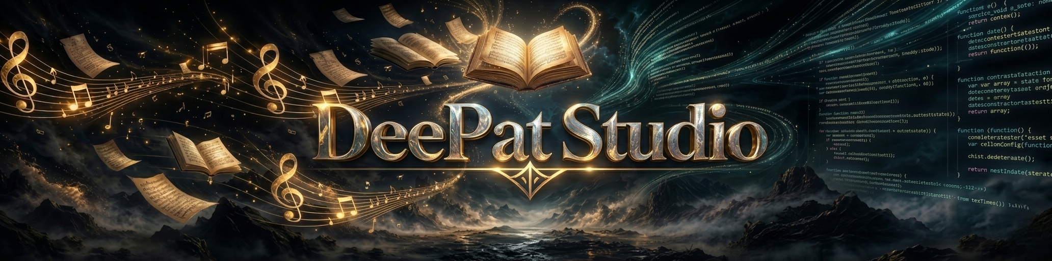 Bannière DeePat Studio mêlant musique, livres, code et paysage fantastique